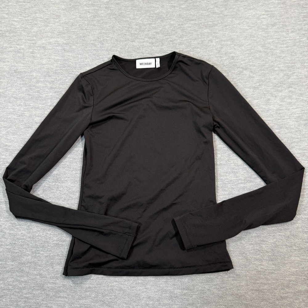 Weekday Top Womens S Black Long Sleeve Fitted Basic Stretch Shirt Gym‎